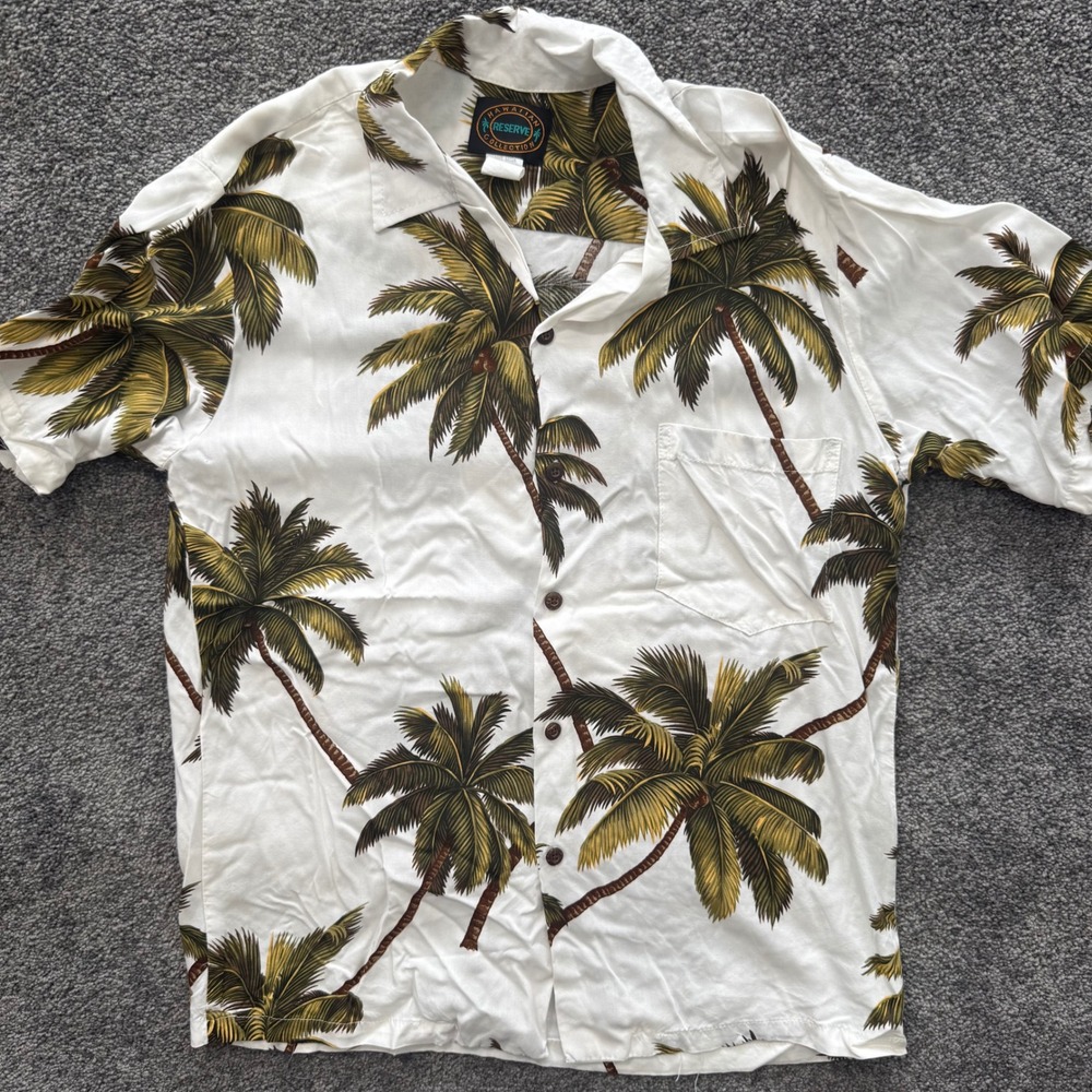 Hawaiian Reserve Collection Palm Tree Rayon Shirt Mens Small White Made in USA
